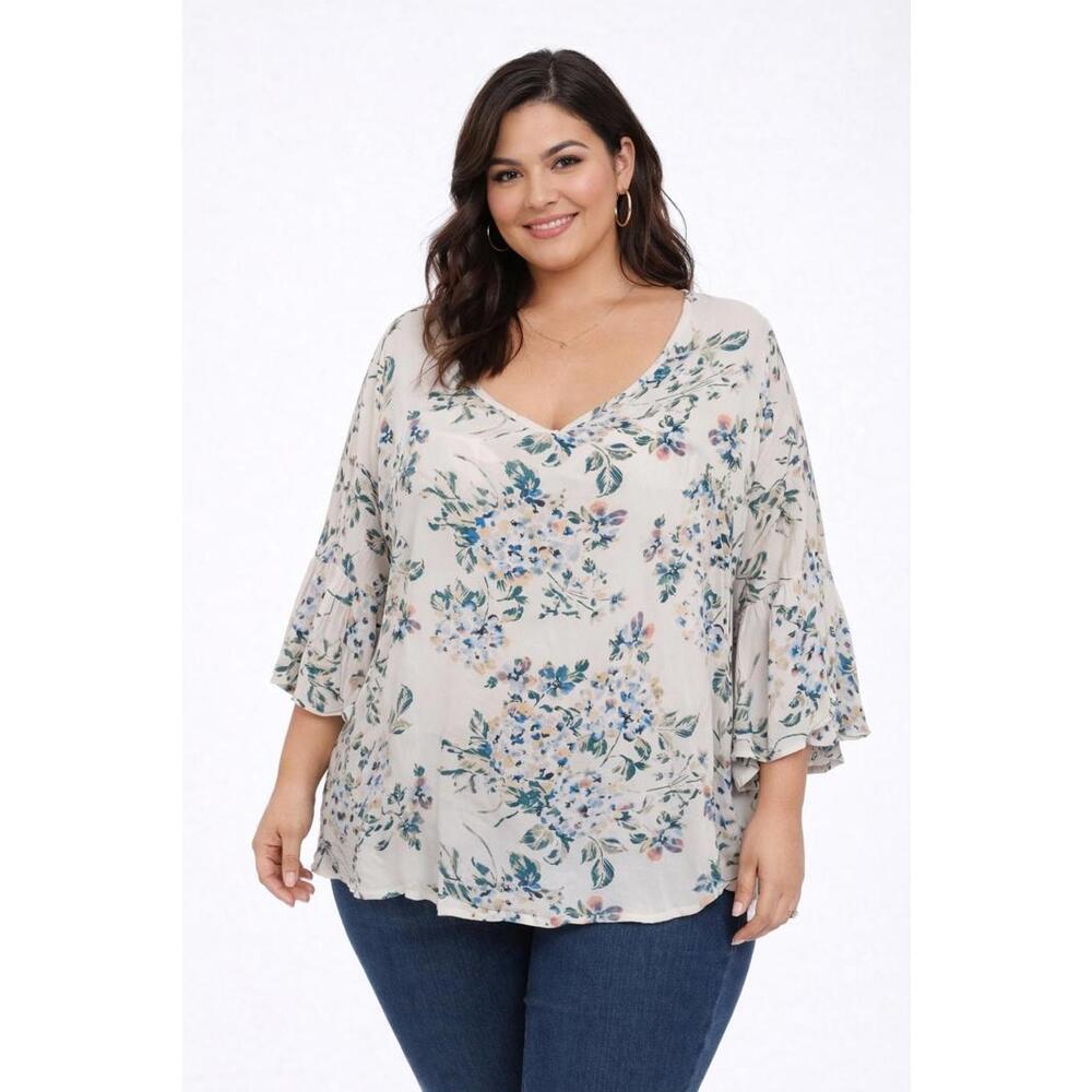 Torrid Womens Ivory Blue Yellow Floral Gauzy V Neck Corset Tie Back Blouse, Sz 0